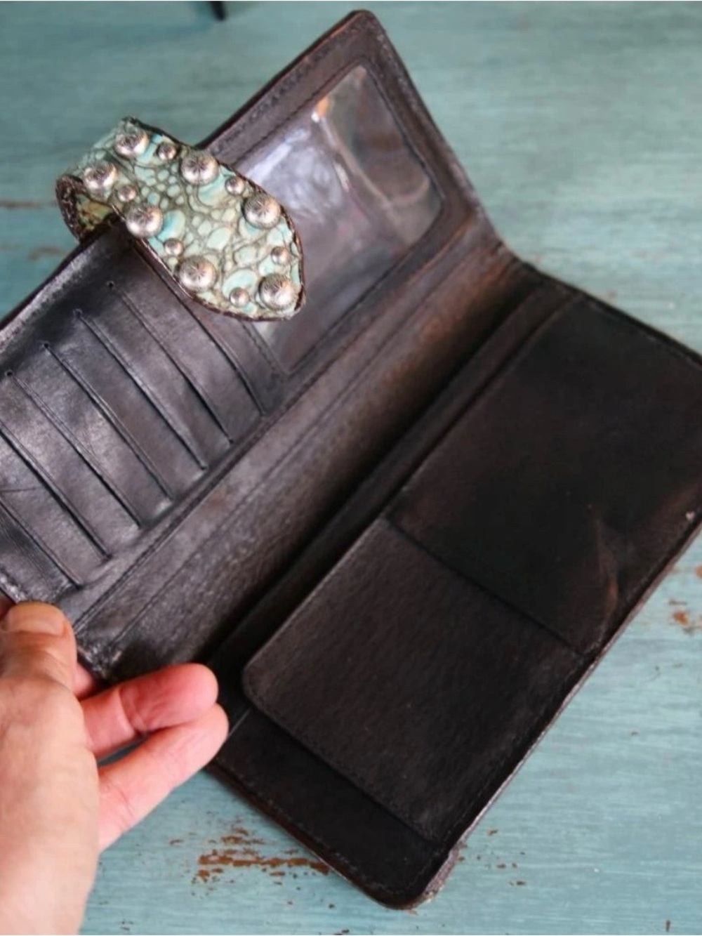 Vintage Double J Saddlery Hand Crafted Turquoise Crocodile Wallet Engraved Studs - Picture 7 of 11